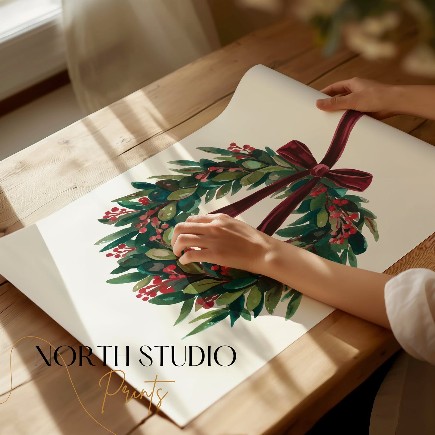 Premium Poster of Beautiful Holiday Wreath with Red Bow for Wall Posters