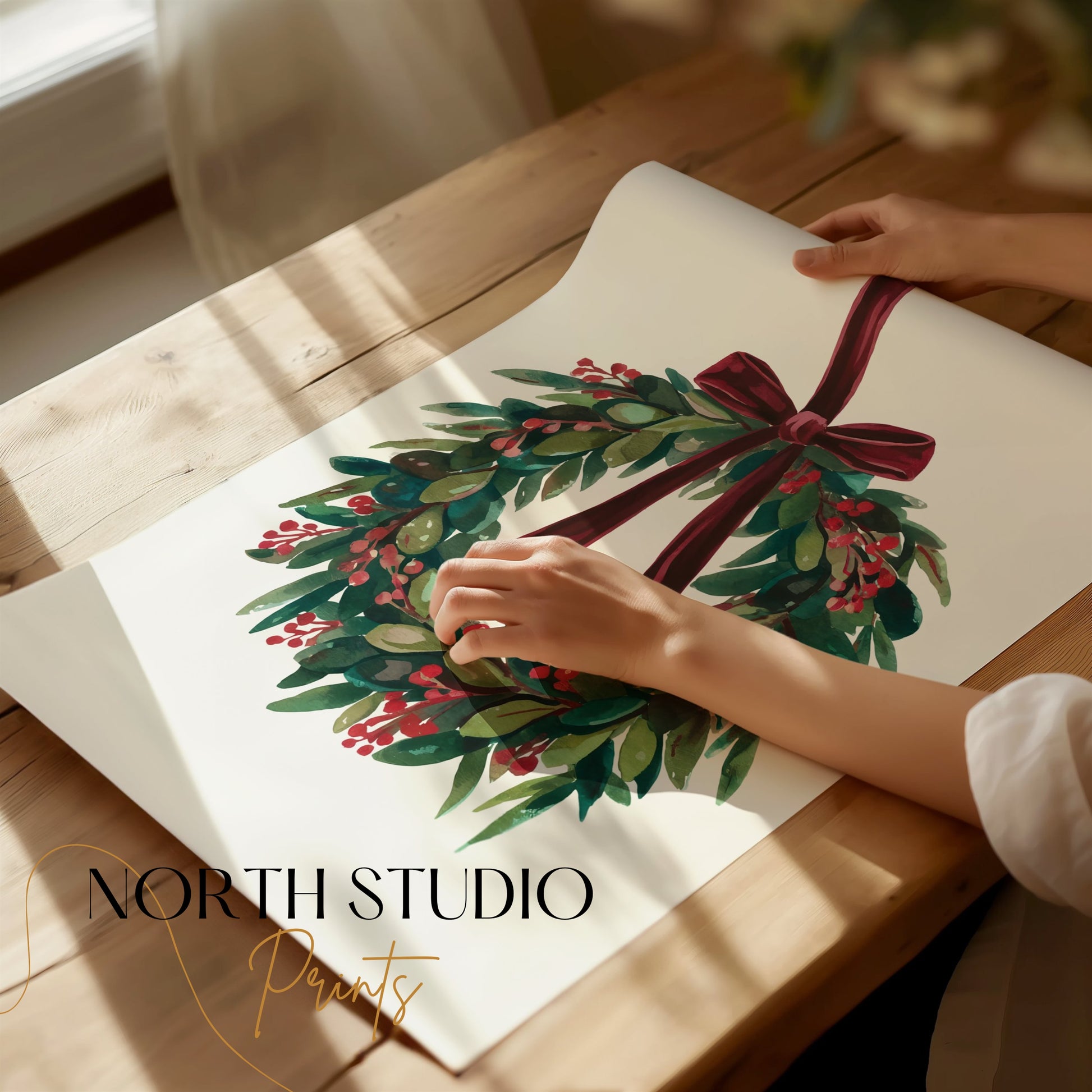 Premium Poster of Beautiful Holiday Wreath with Red Bow for Wall Posters