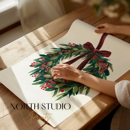 Premium Poster of Beautiful Holiday Wreath with Red Bow for Wall Posters