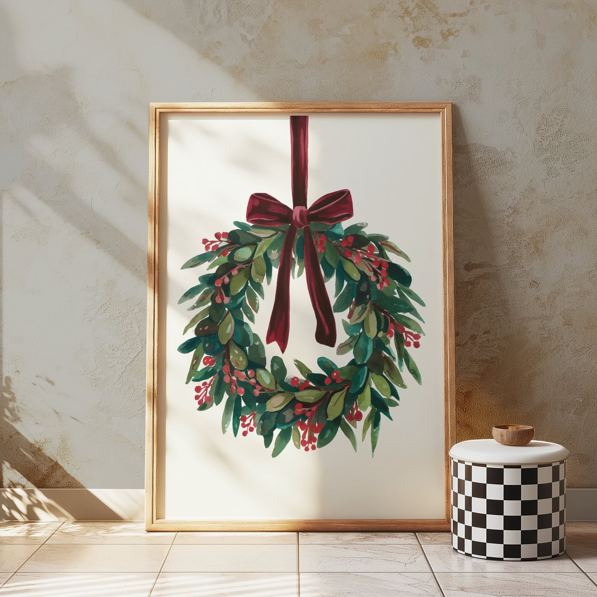 Premium Poster of Beautiful Holiday Wreath with Red Bow for Wall Posters