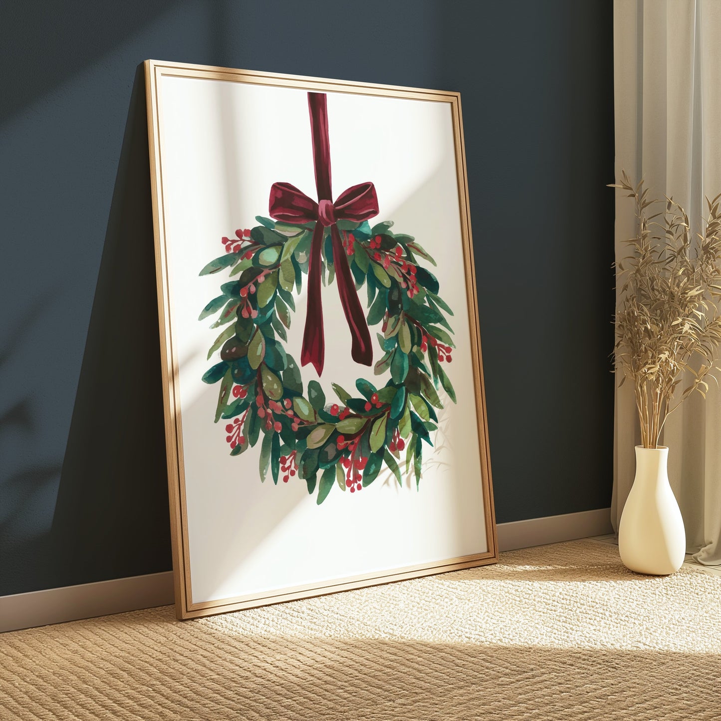 Premium Poster of Beautiful Holiday Wreath with Red Bow for Wall Posters