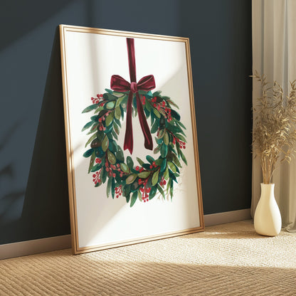 Premium Poster of Beautiful Holiday Wreath with Red Bow for Wall Posters
