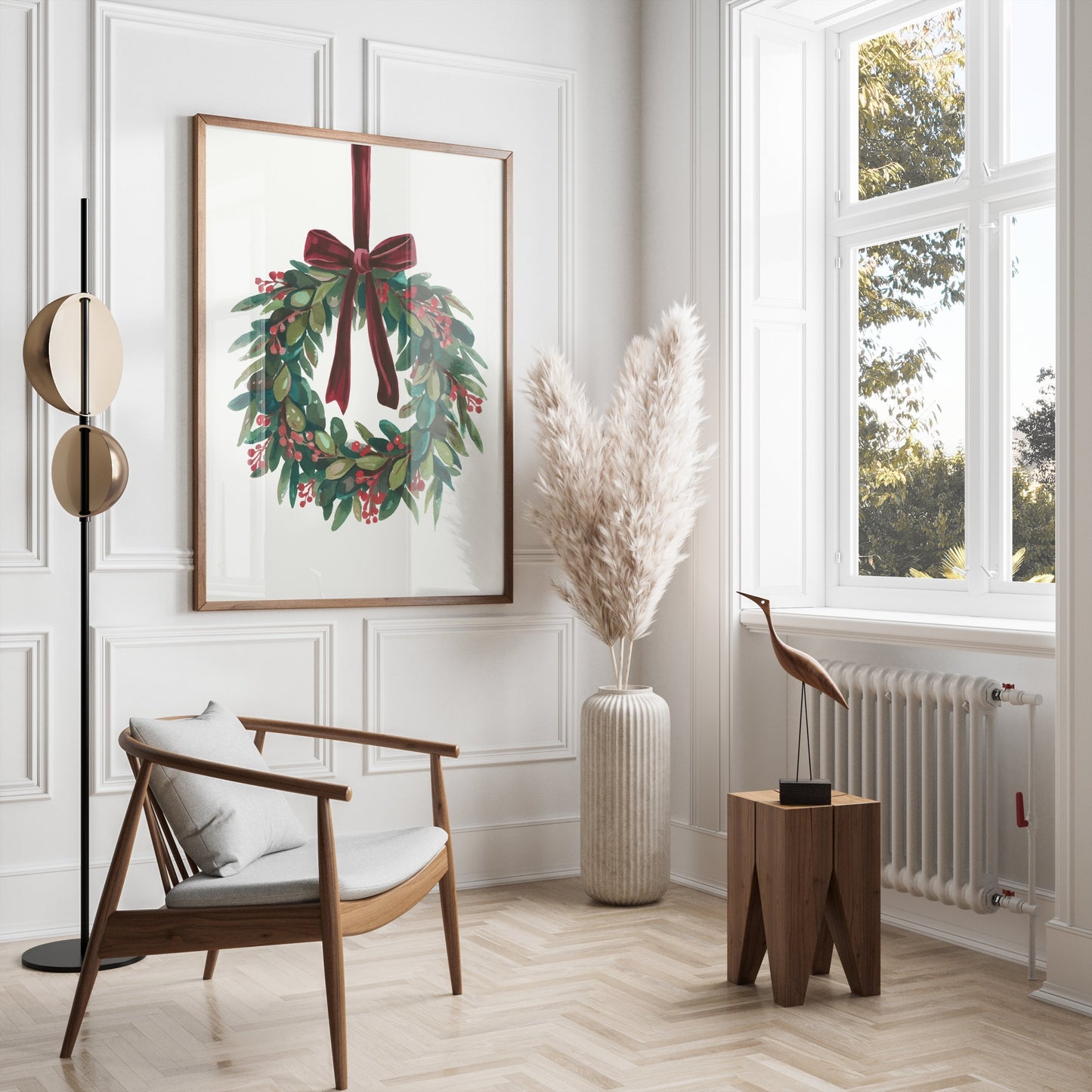 Premium Poster of Beautiful Holiday Wreath with Red Bow for Wall Posters