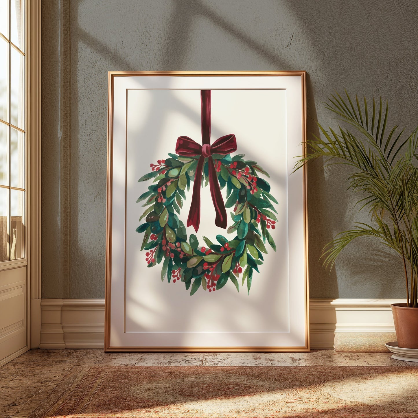 Premium Poster of Beautiful Holiday Wreath with Red Bow for Wall Posters