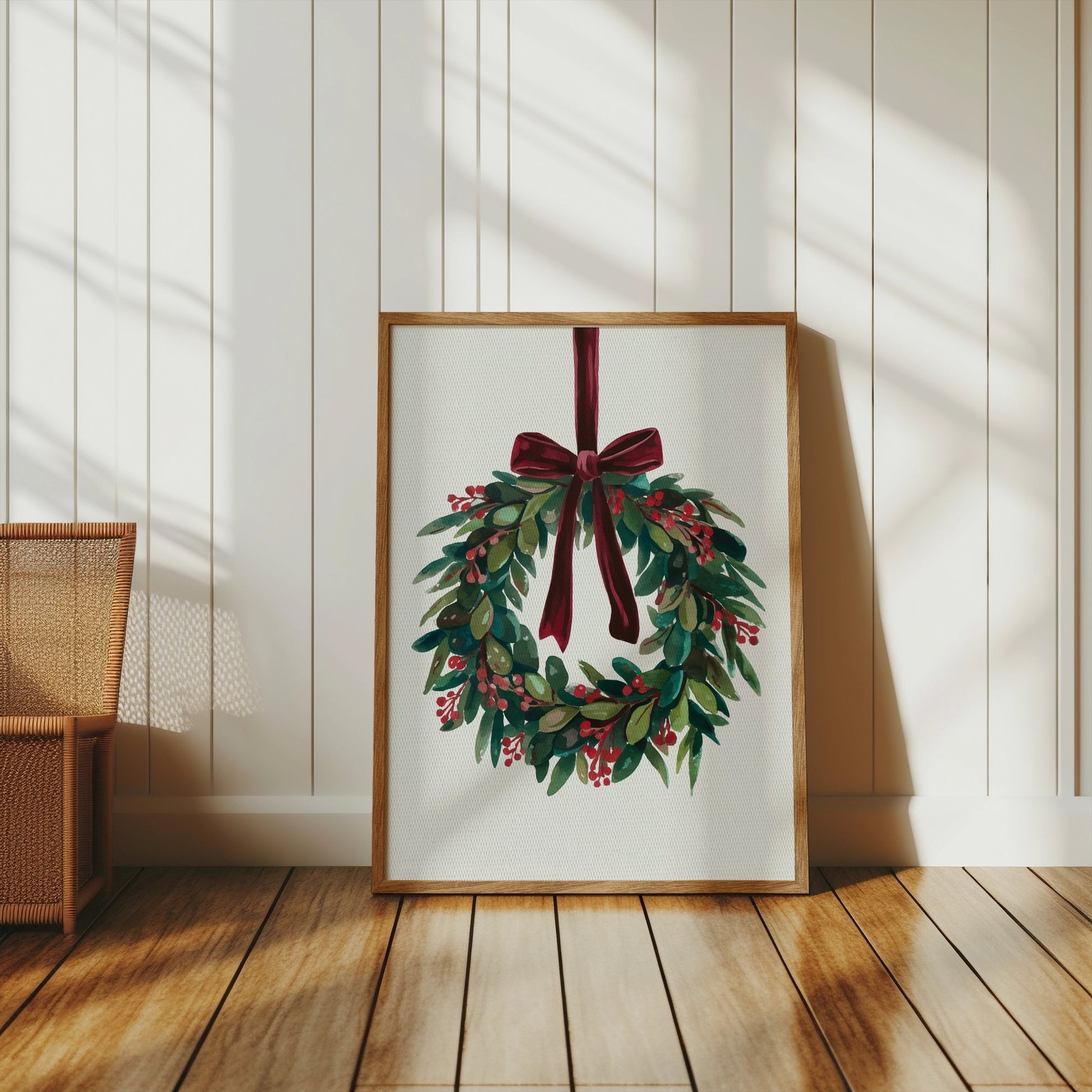 Premium Poster of Beautiful Holiday Wreath with Red Bow for Wall Posters