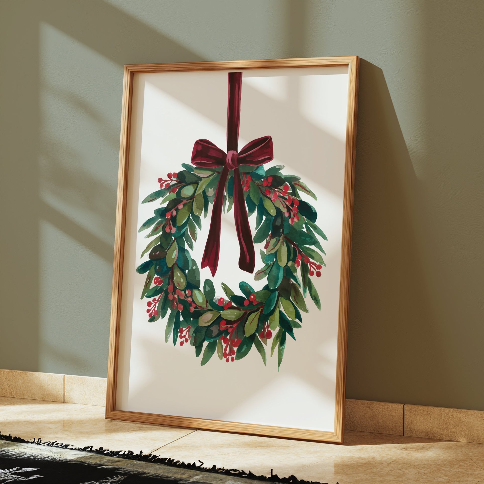 Premium Poster of Beautiful Holiday Wreath with Red Bow for Wall Posters