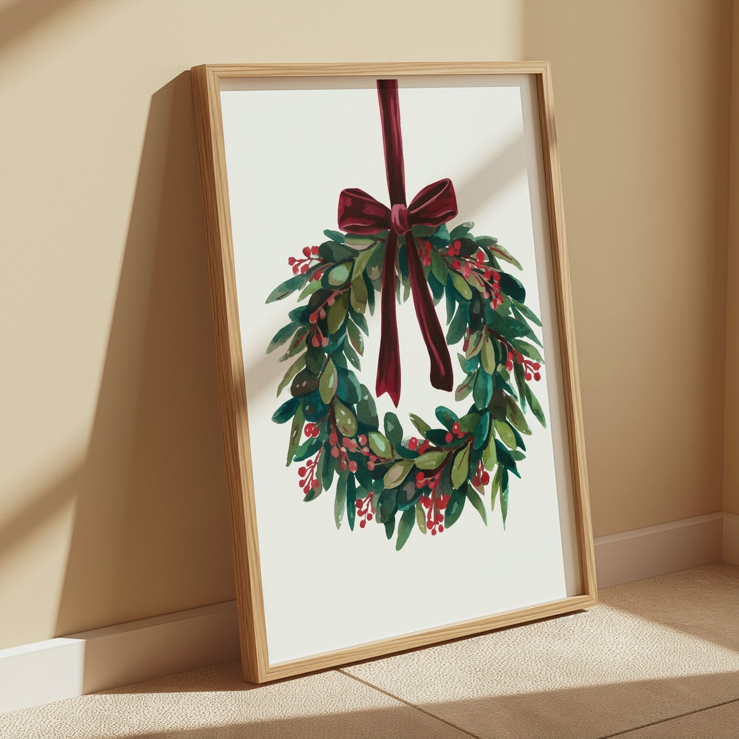 Premium Poster of Beautiful Holiday Wreath with Red Bow for Wall Posters