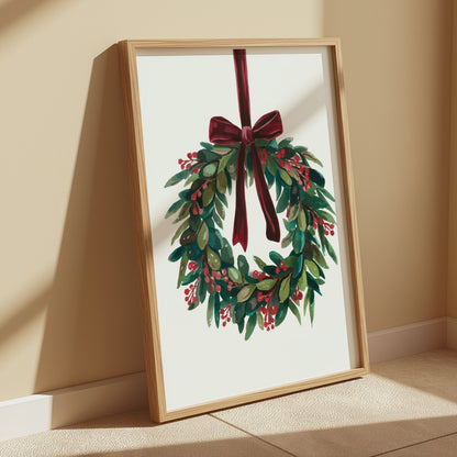 Premium Poster of Beautiful Holiday Wreath with Red Bow for Wall Posters
