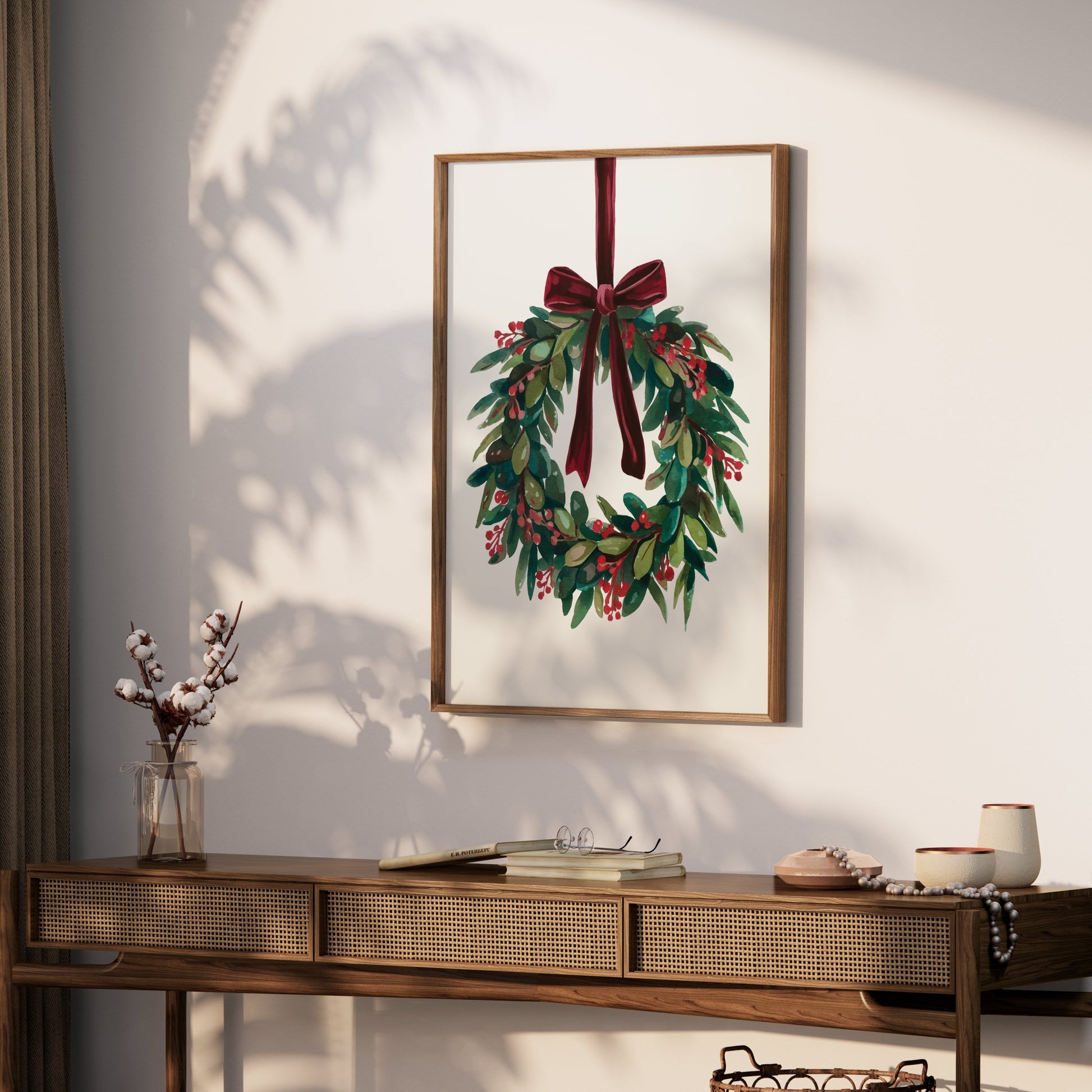 Premium Poster of Beautiful Holiday Wreath with Red Bow for Wall Posters