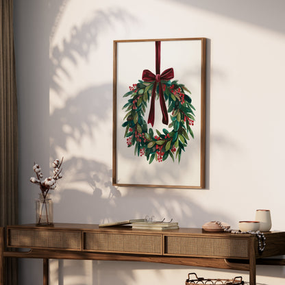 Premium Poster of Beautiful Holiday Wreath with Red Bow for Wall Posters