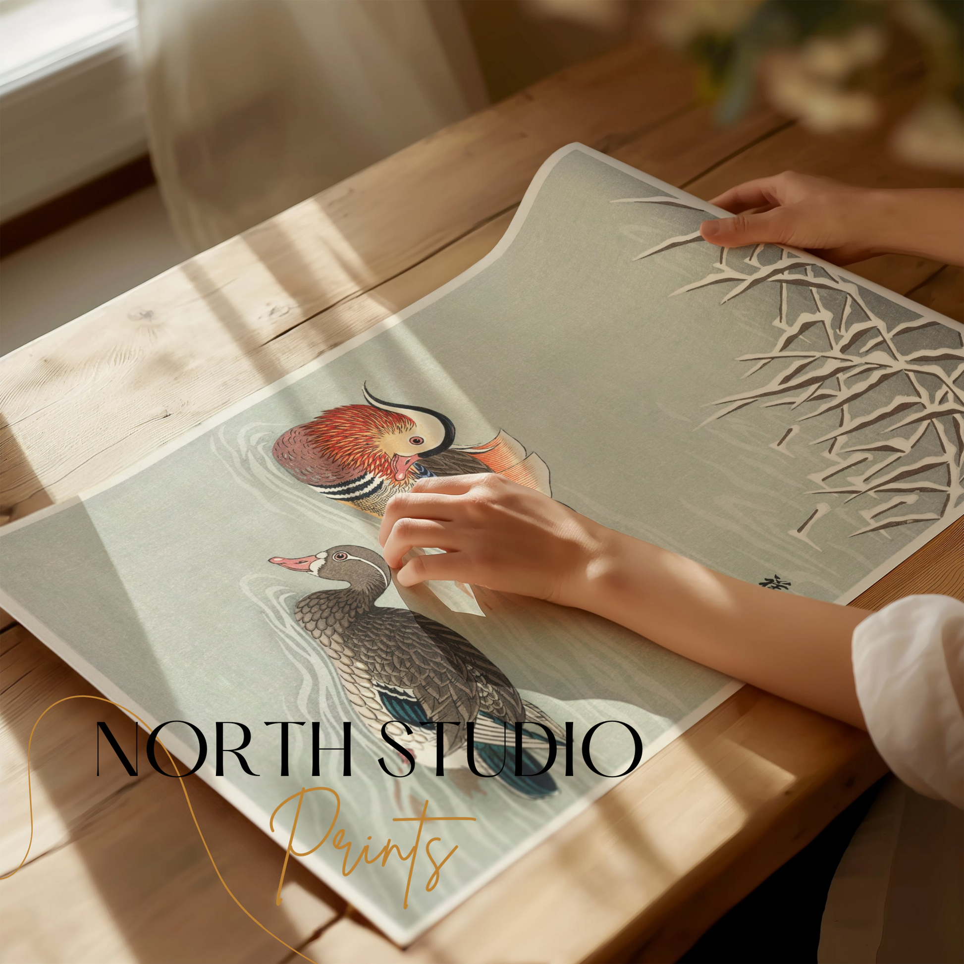 Premium Poster of Beautiful Japanese Art Duck Pond Scene Wall Decor Posters