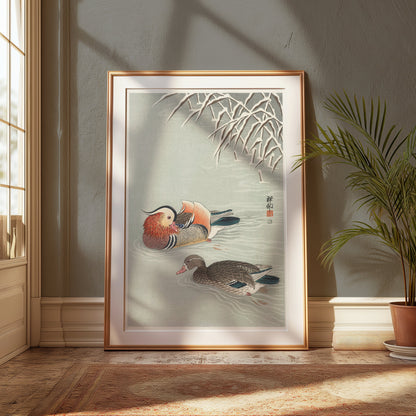 Premium Poster of Beautiful Japanese Art Duck Pond Scene Wall Decor Posters