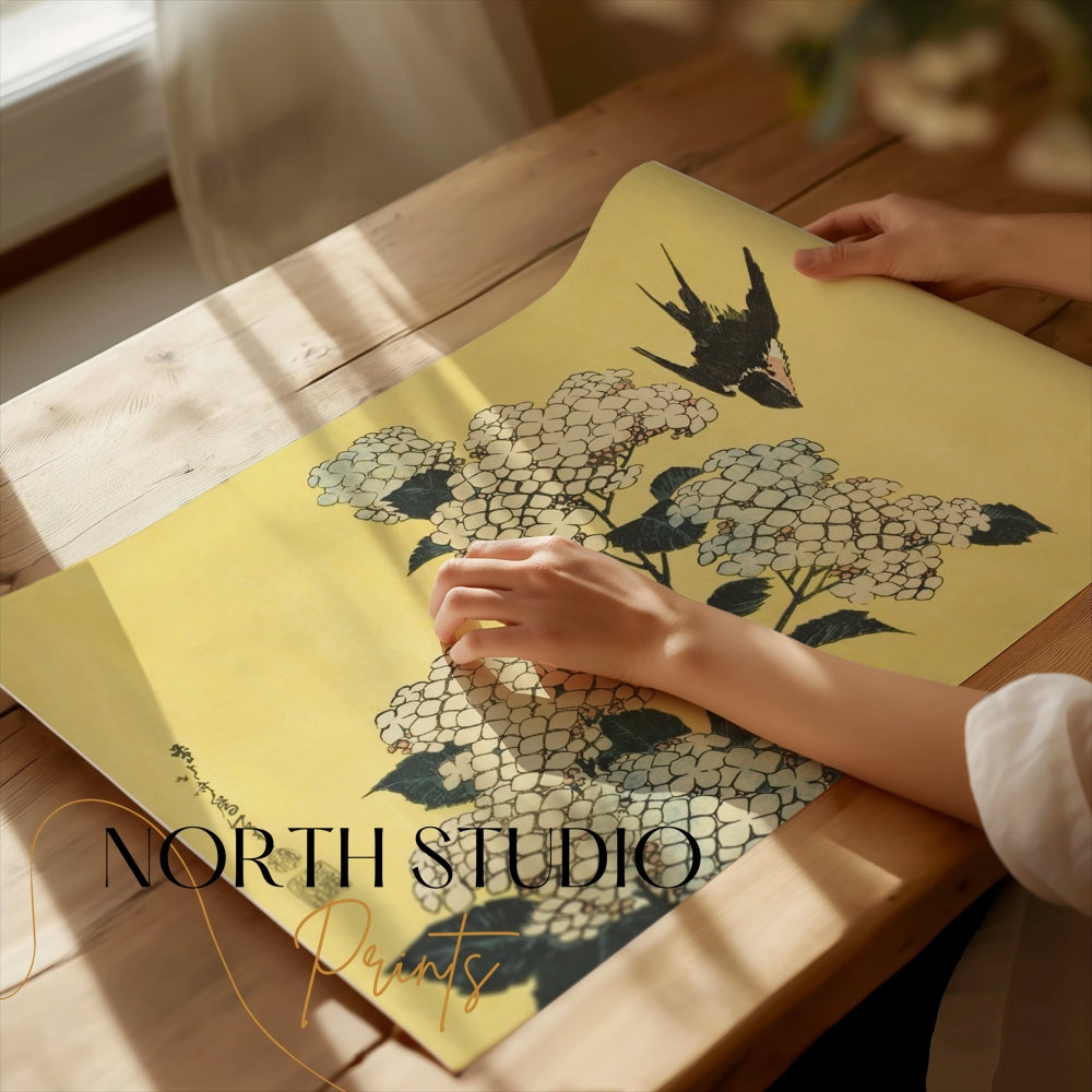 Premium Poster of Beautiful Japanese Bird and White Flowers Art Posters