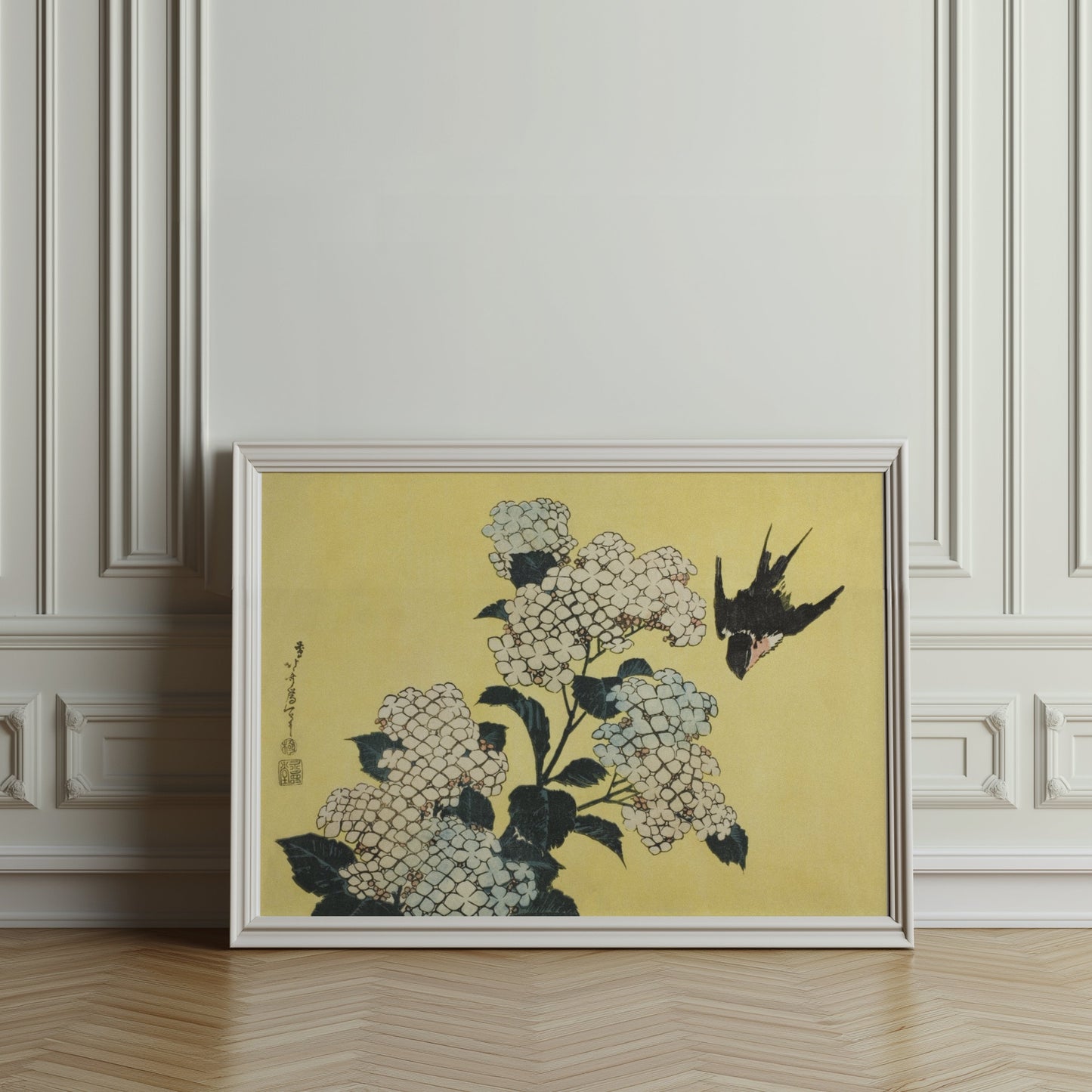 Premium Poster of Beautiful Japanese Bird and White Flowers Art Posters
