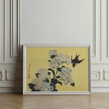 Premium Poster of Beautiful Japanese Bird and White Flowers Art Posters