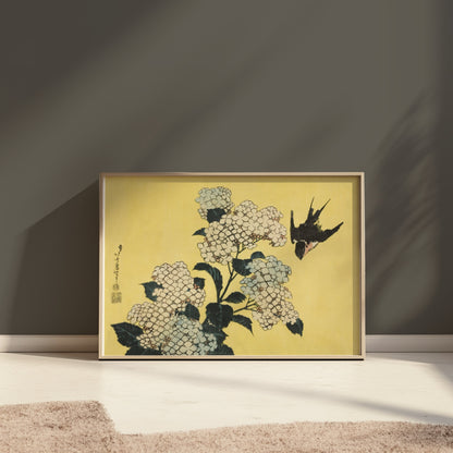 Premium Poster of Beautiful Japanese Bird and White Flowers Art Posters