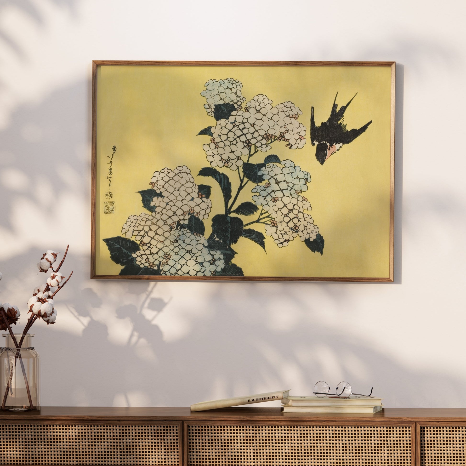 Premium Poster of Beautiful Japanese Bird and White Flowers Art Posters