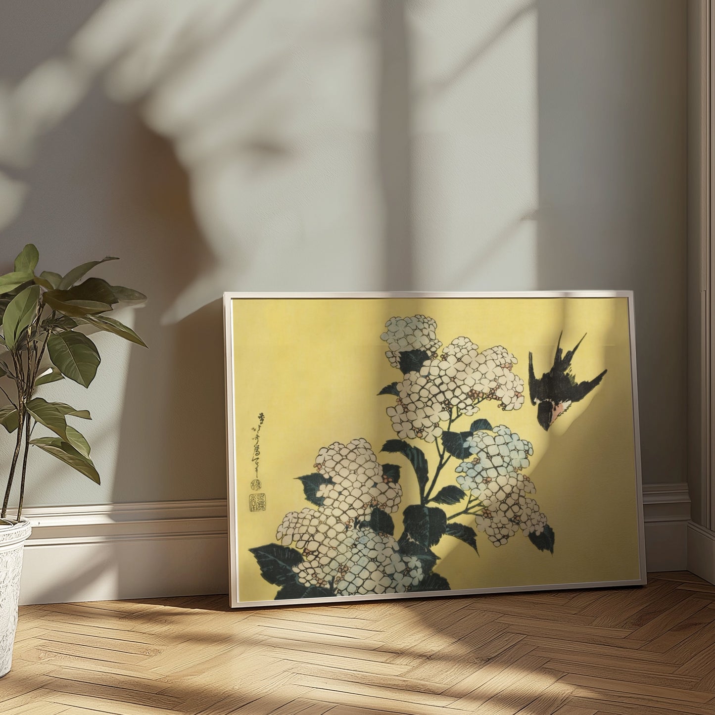 Premium Poster of Beautiful Japanese Bird and White Flowers Art Posters