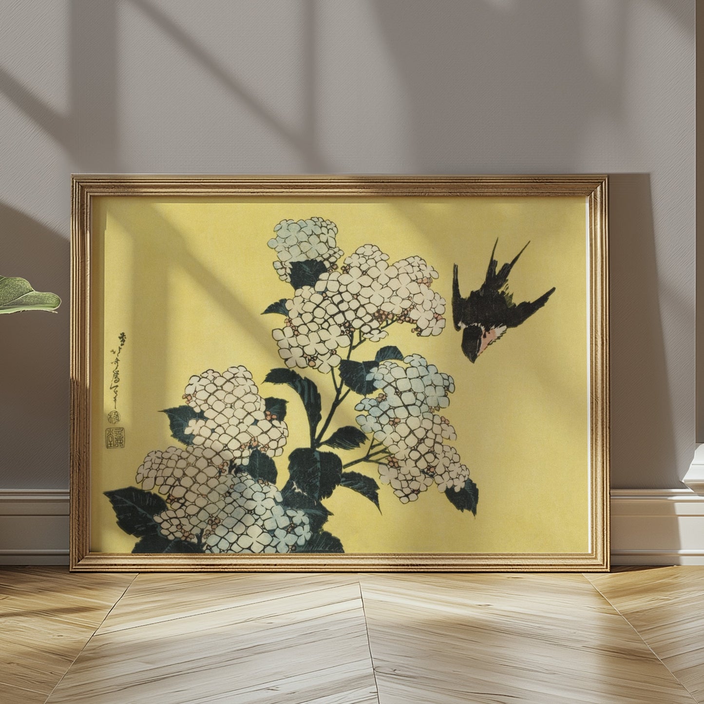 Premium Poster of Beautiful Japanese Bird and White Flowers Art Posters