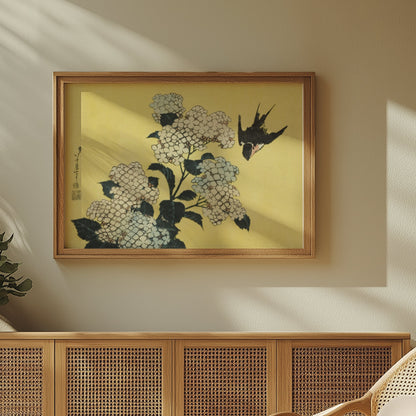 Premium Poster of Beautiful Japanese Bird and White Flowers Art Posters