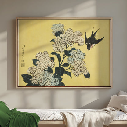 Premium Poster of Beautiful Japanese Bird and White Flowers Art Posters