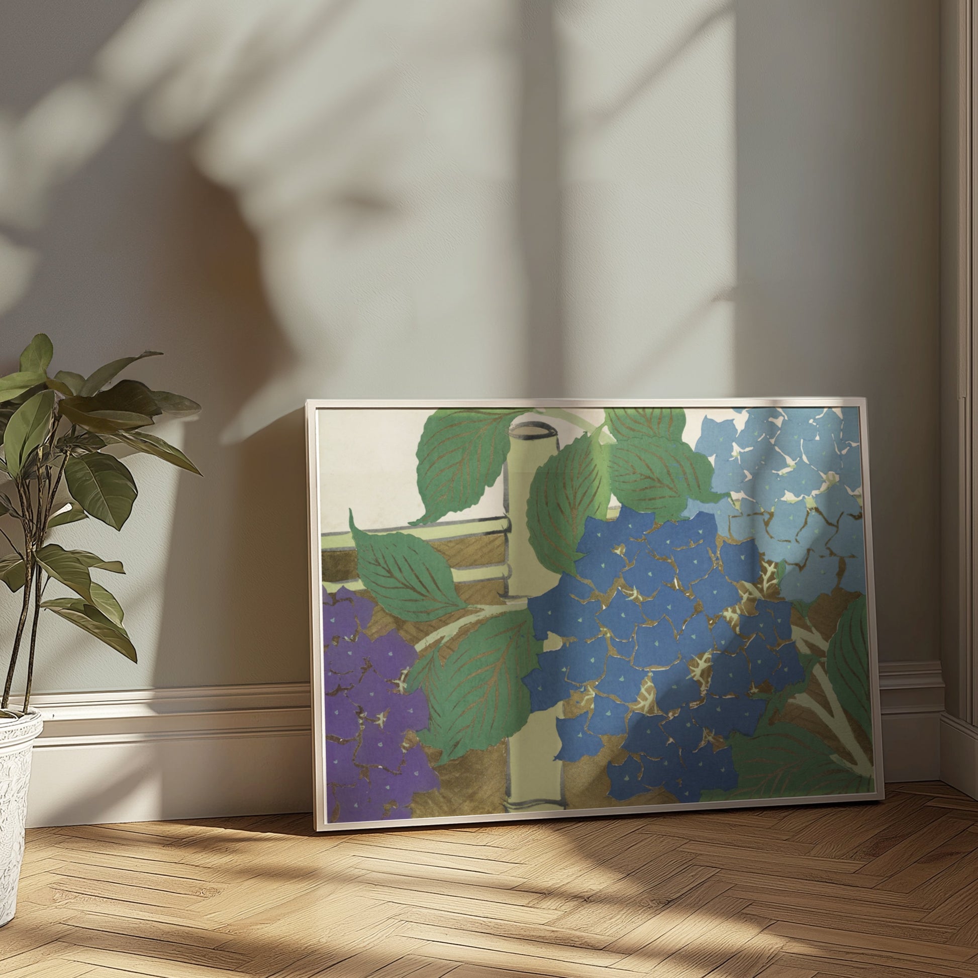 Premium Poster of Beautiful Japanese Hydrangea with Bamboo Posters