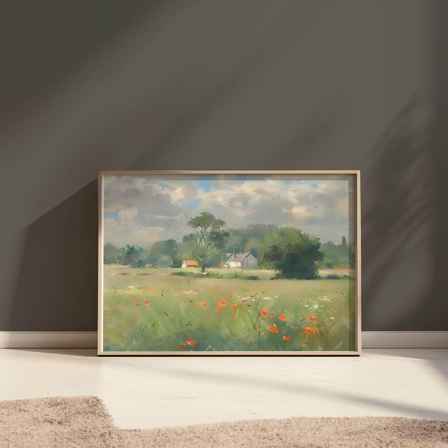 Premium Poster of Beautiful Landscape with Poppies and Houses Posters