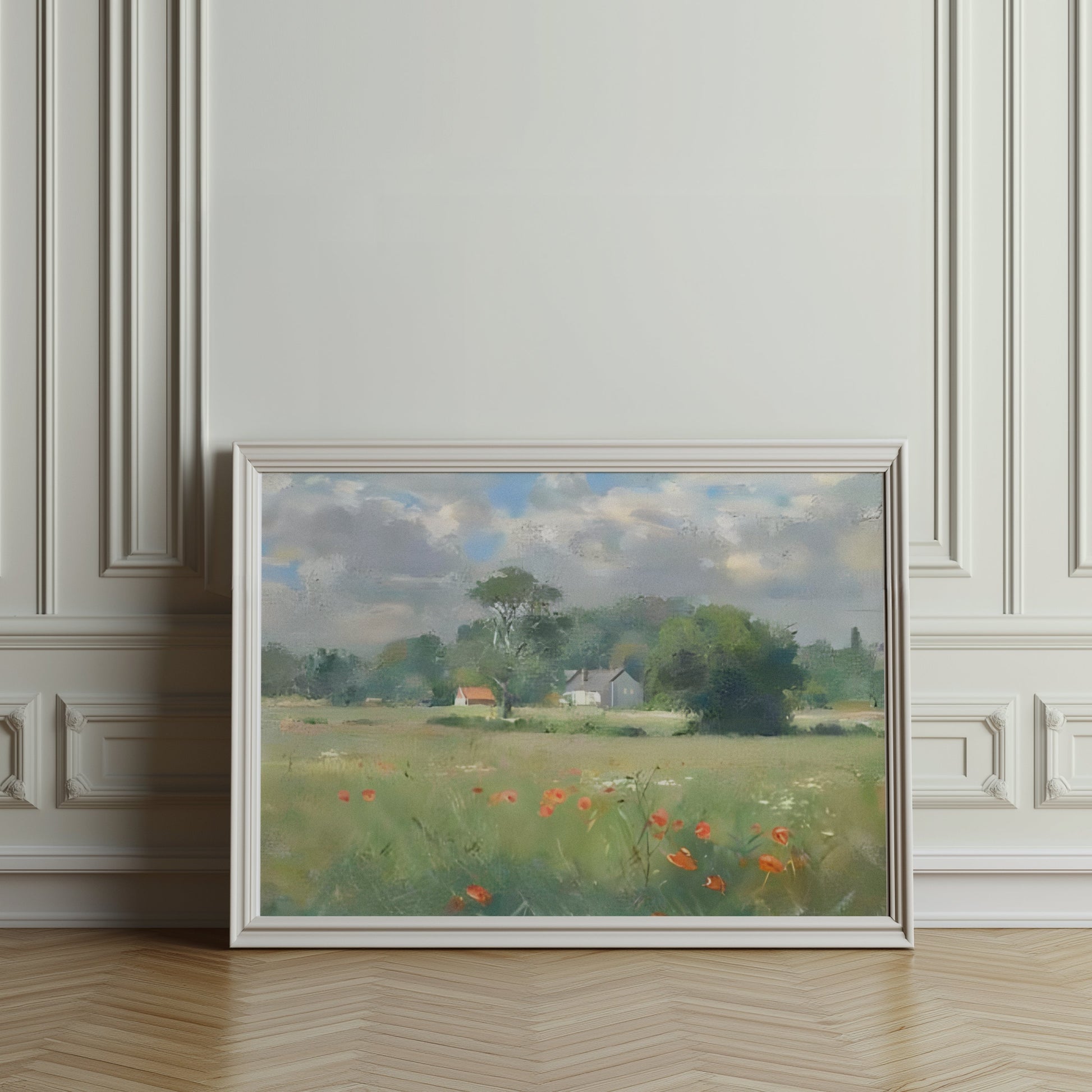 Premium Poster of Beautiful Landscape with Poppies and Houses Posters