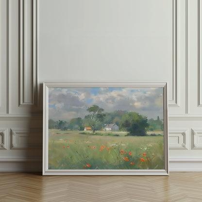 Premium Poster of Beautiful Landscape with Poppies and Houses Posters