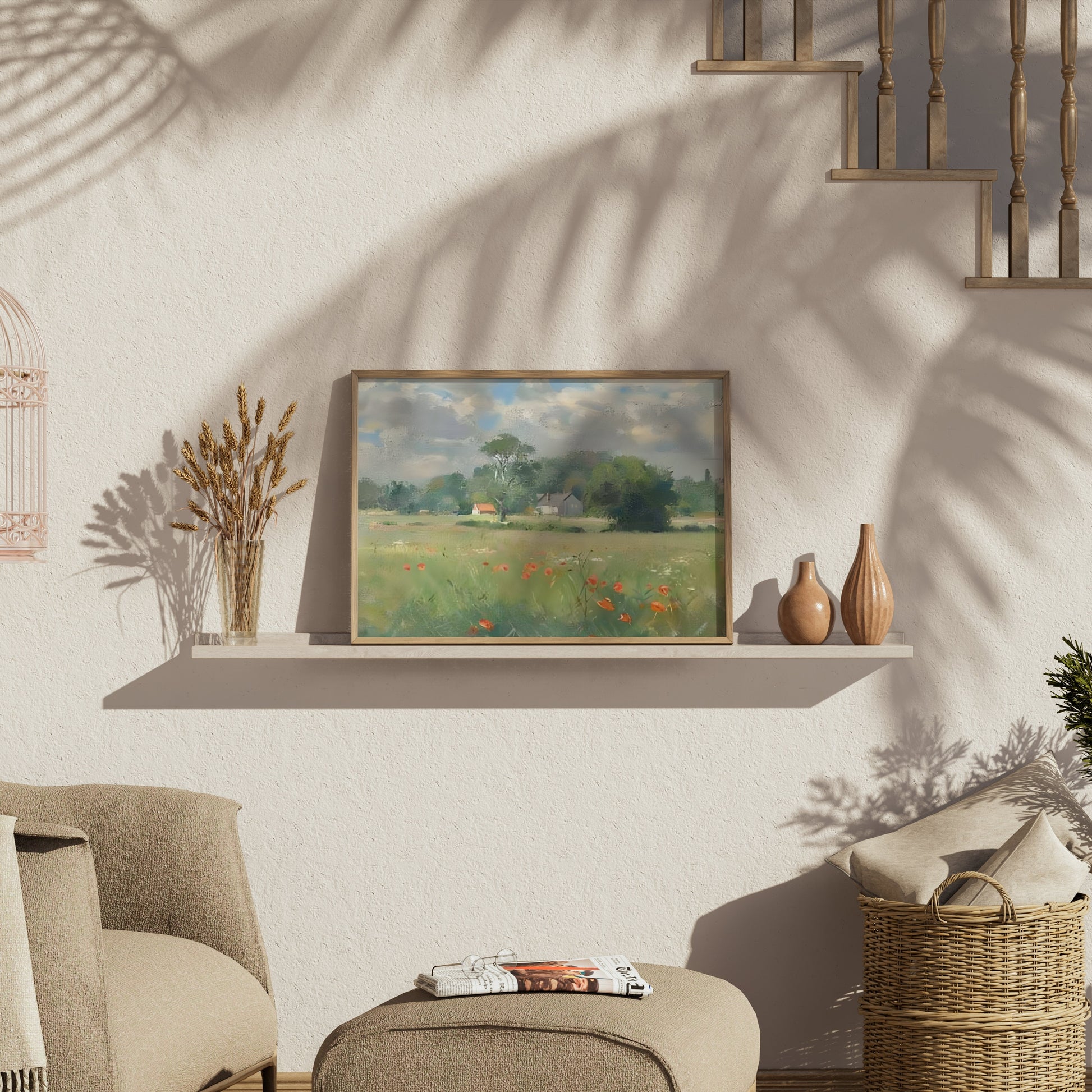 Premium Poster of Beautiful Landscape with Poppies and Houses Posters