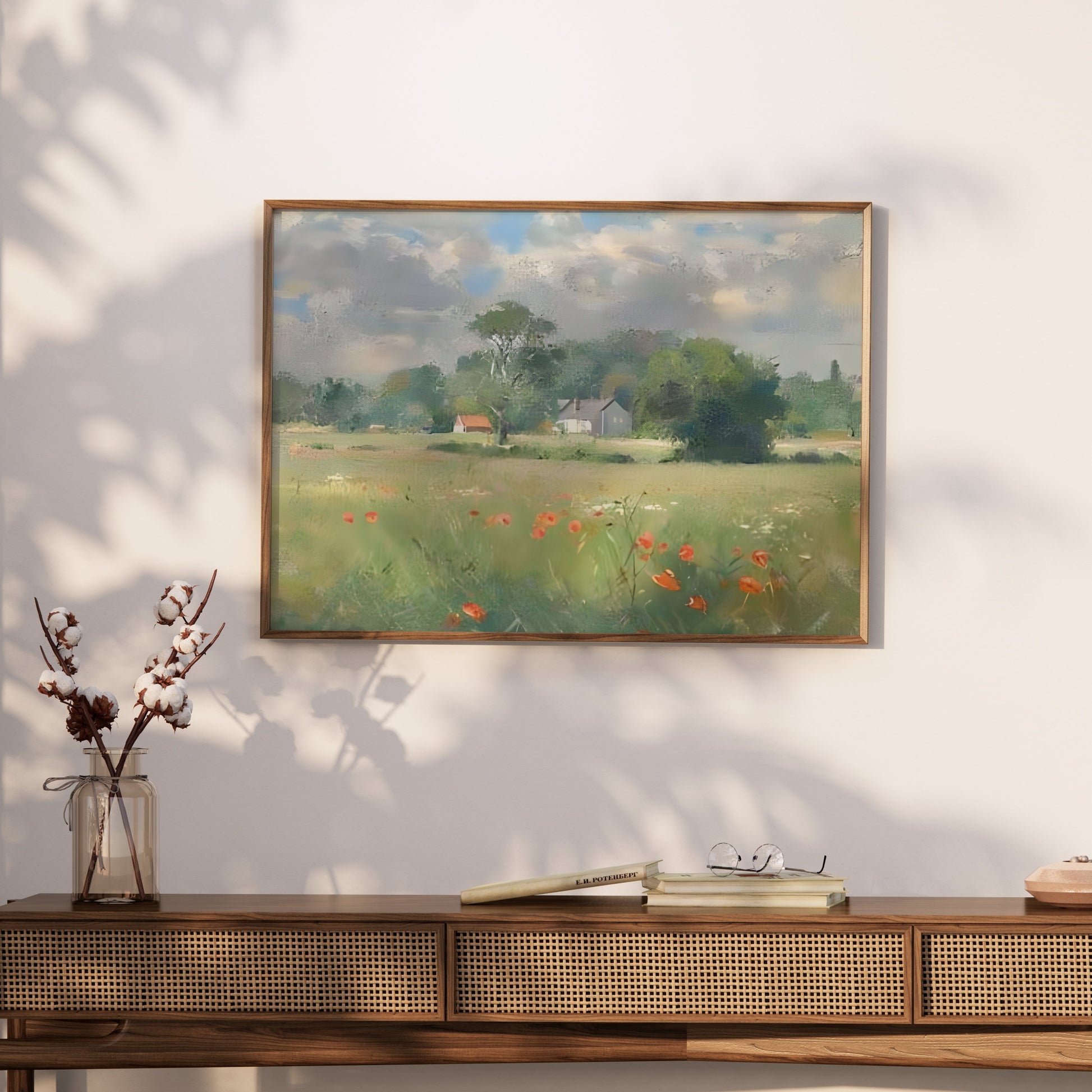 Premium Poster of Beautiful Landscape with Poppies and Houses Posters