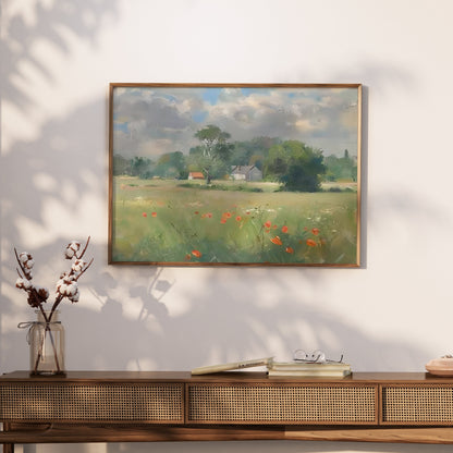 Premium Poster of Beautiful Landscape with Poppies and Houses Posters