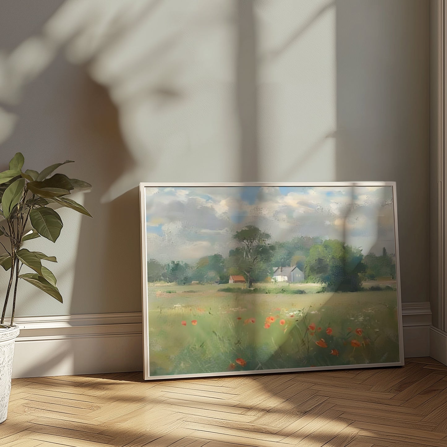 Premium Poster of Beautiful Landscape with Poppies and Houses Posters