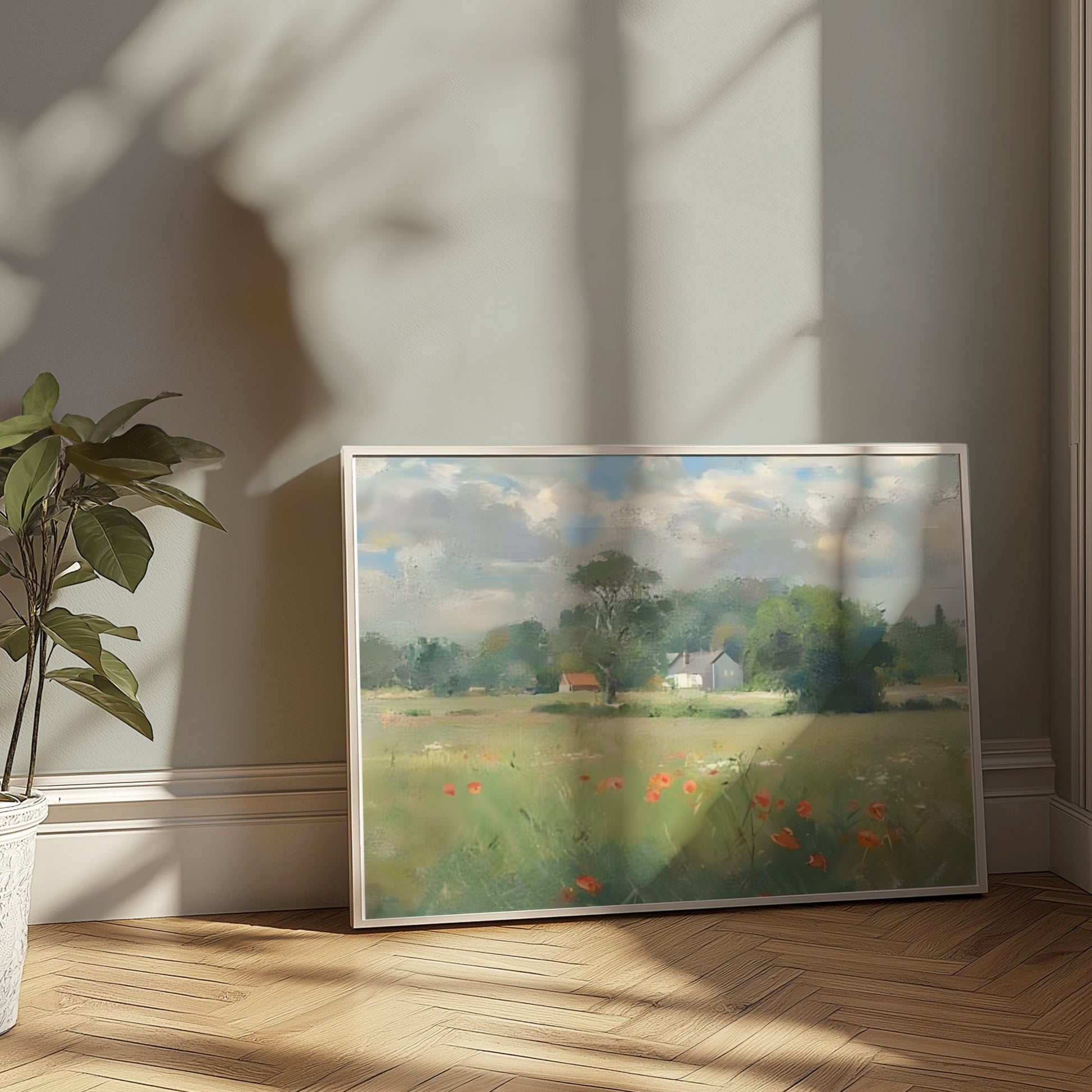 Premium Poster of Beautiful Landscape with Poppies and Houses Posters