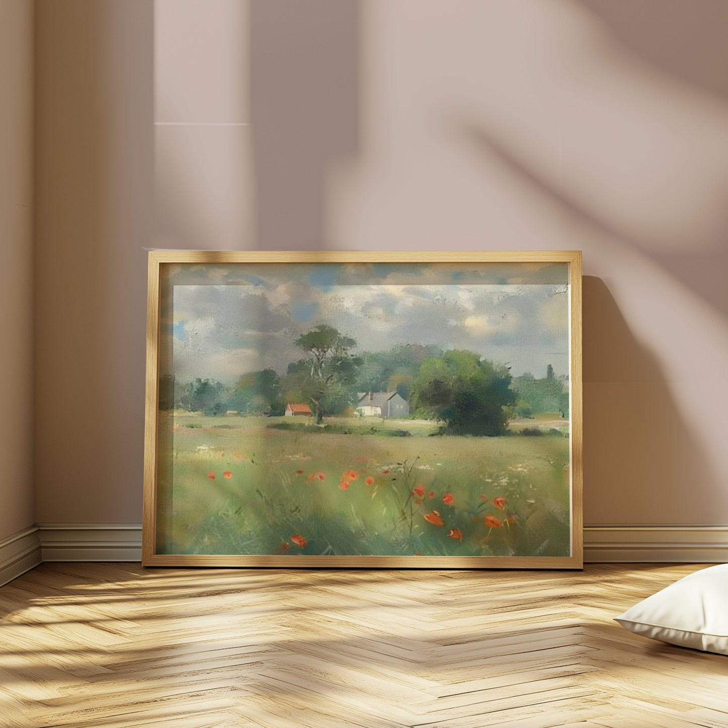 Premium Poster of Beautiful Landscape with Poppies and Houses Posters