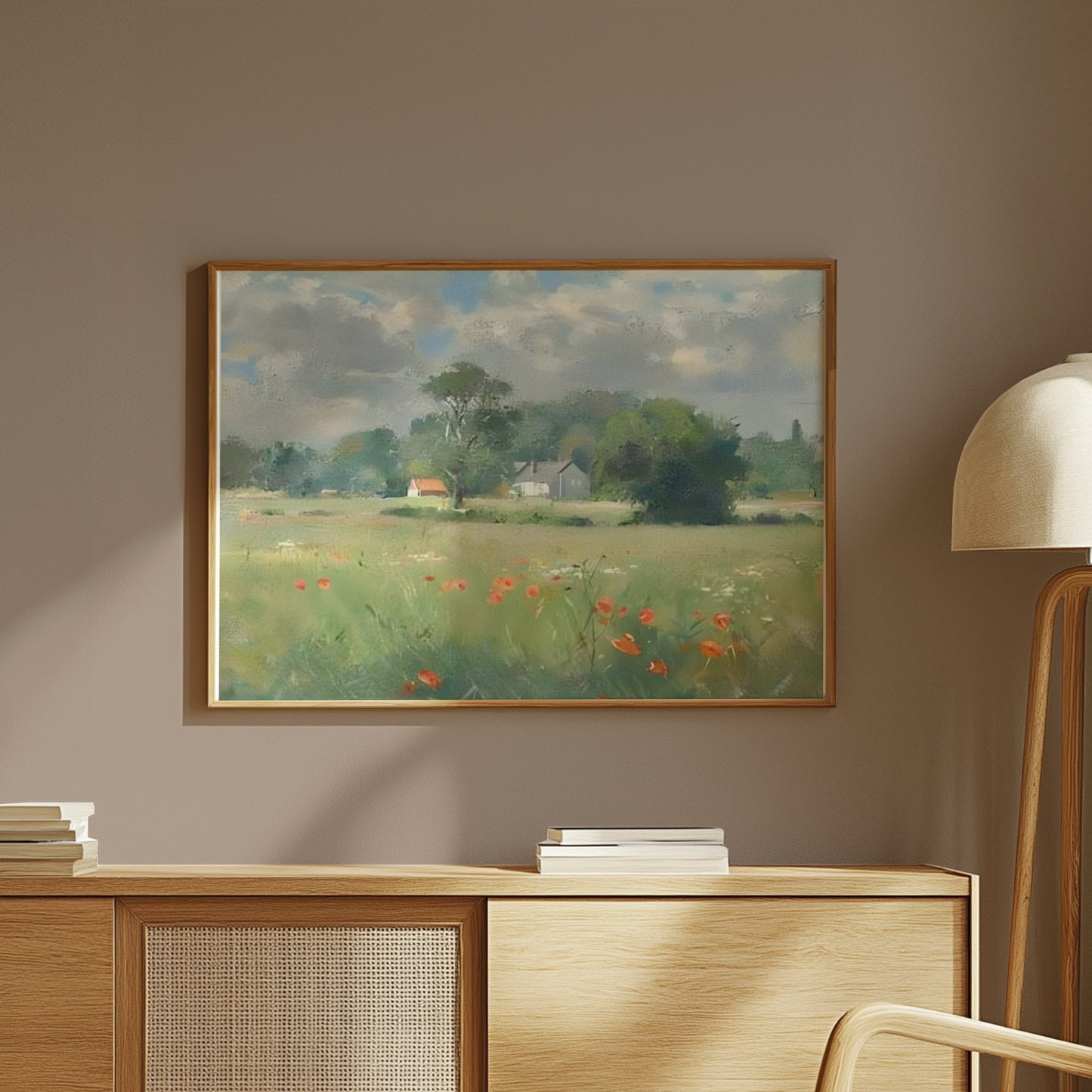 Premium Poster of Beautiful Landscape with Poppies and Houses Posters