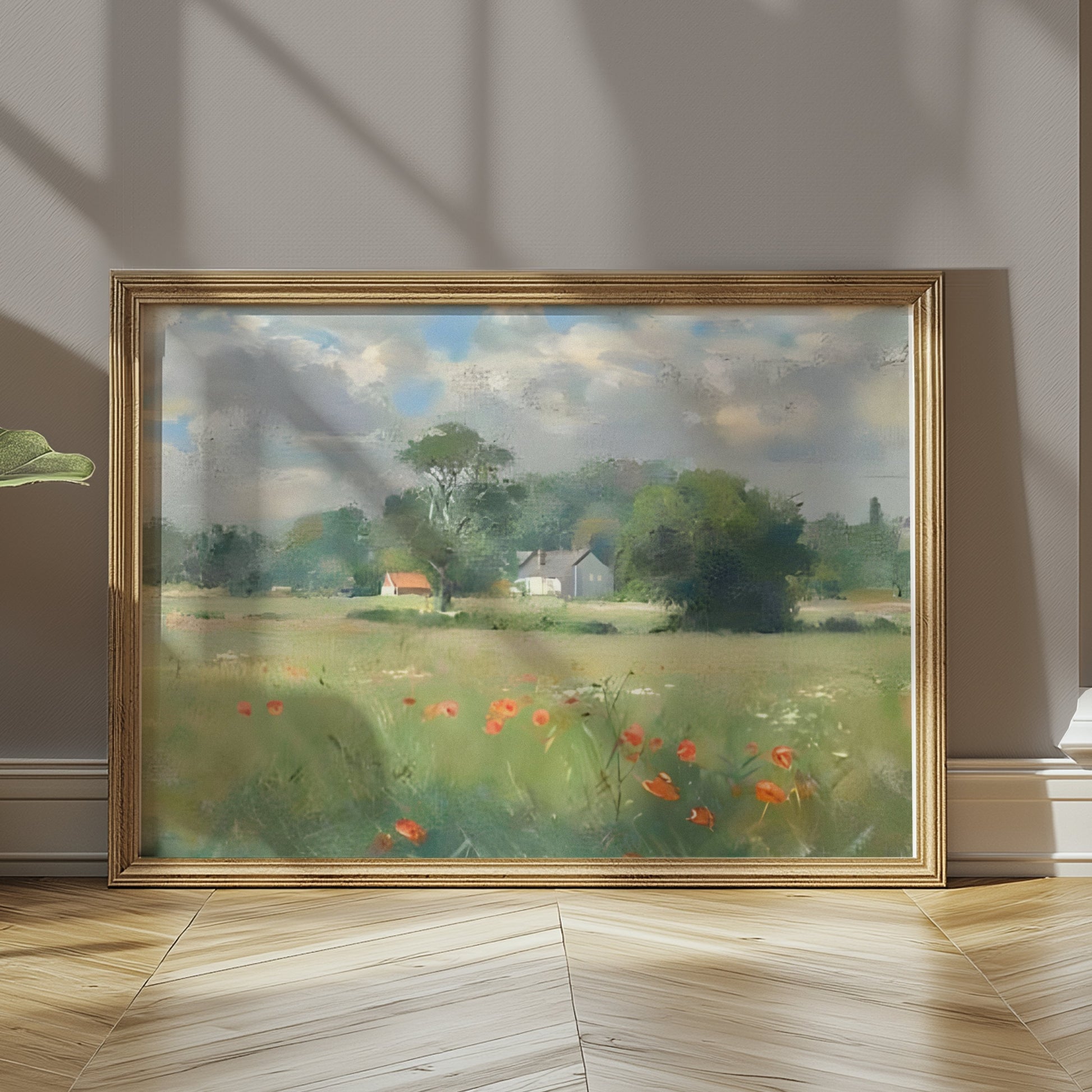 Premium Poster of Beautiful Landscape with Poppies and Houses Posters