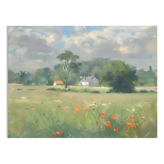 Premium Poster of Beautiful Landscape with Poppies and Houses Posters