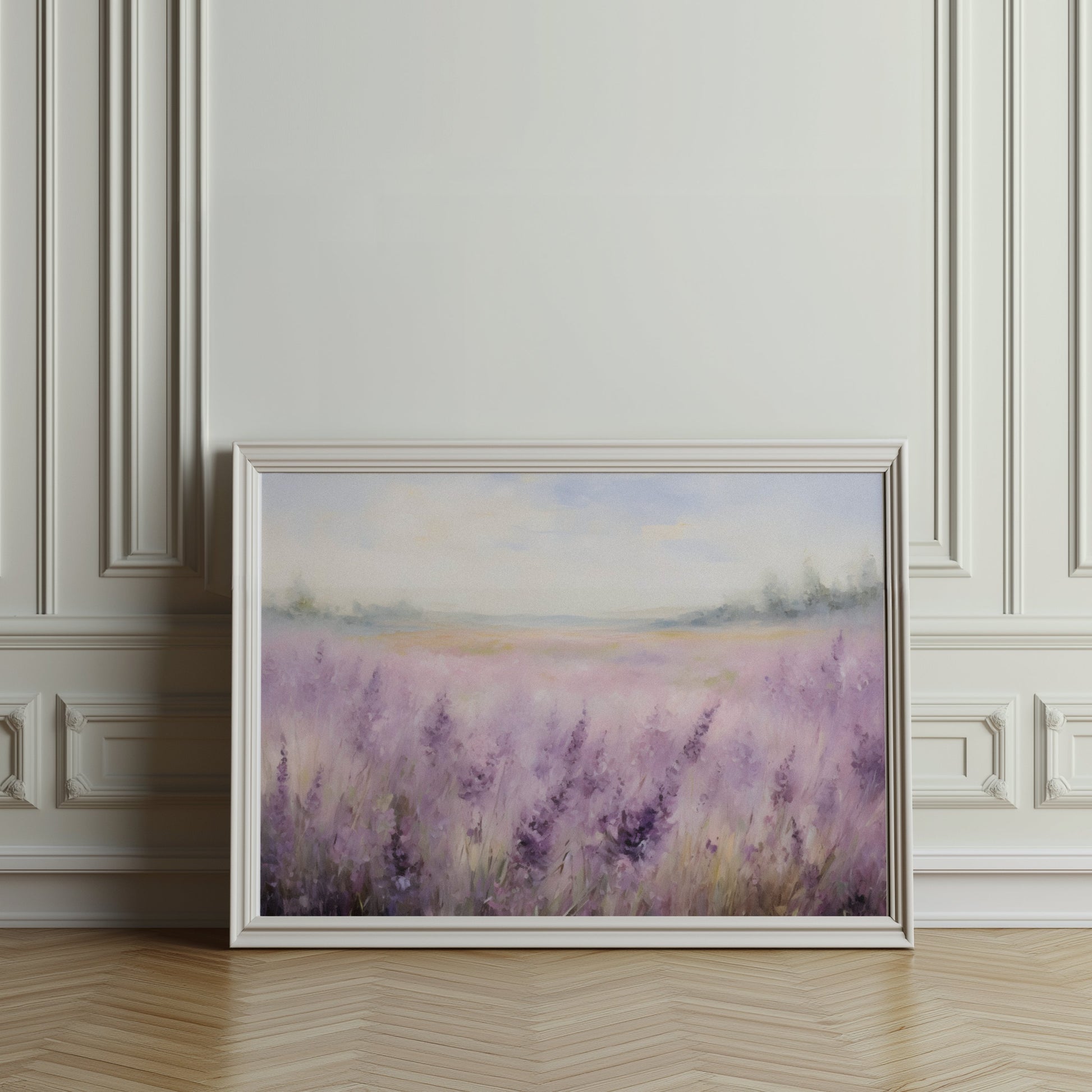 Premium Poster of Beautiful Lavender Field with Misty Horizon Posters