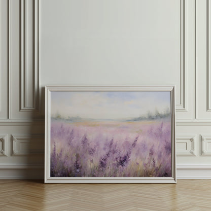 Premium Poster of Beautiful Lavender Field with Misty Horizon Posters