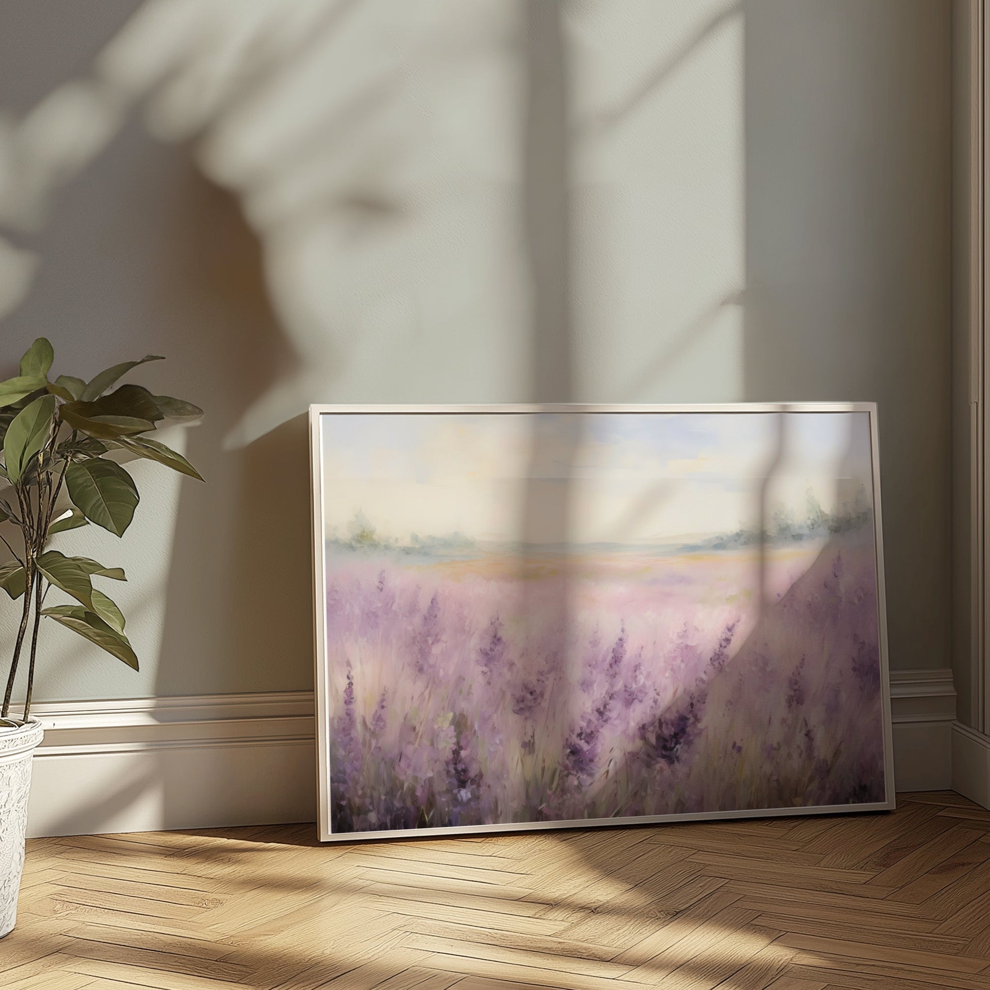 Premium Poster of Beautiful Lavender Field with Misty Horizon Posters