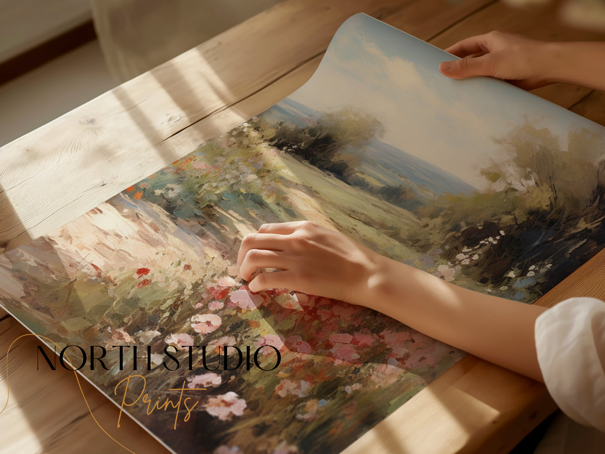 Premium Poster of Beautiful Pastel Summer Landscape with Blooming Flowers Posters