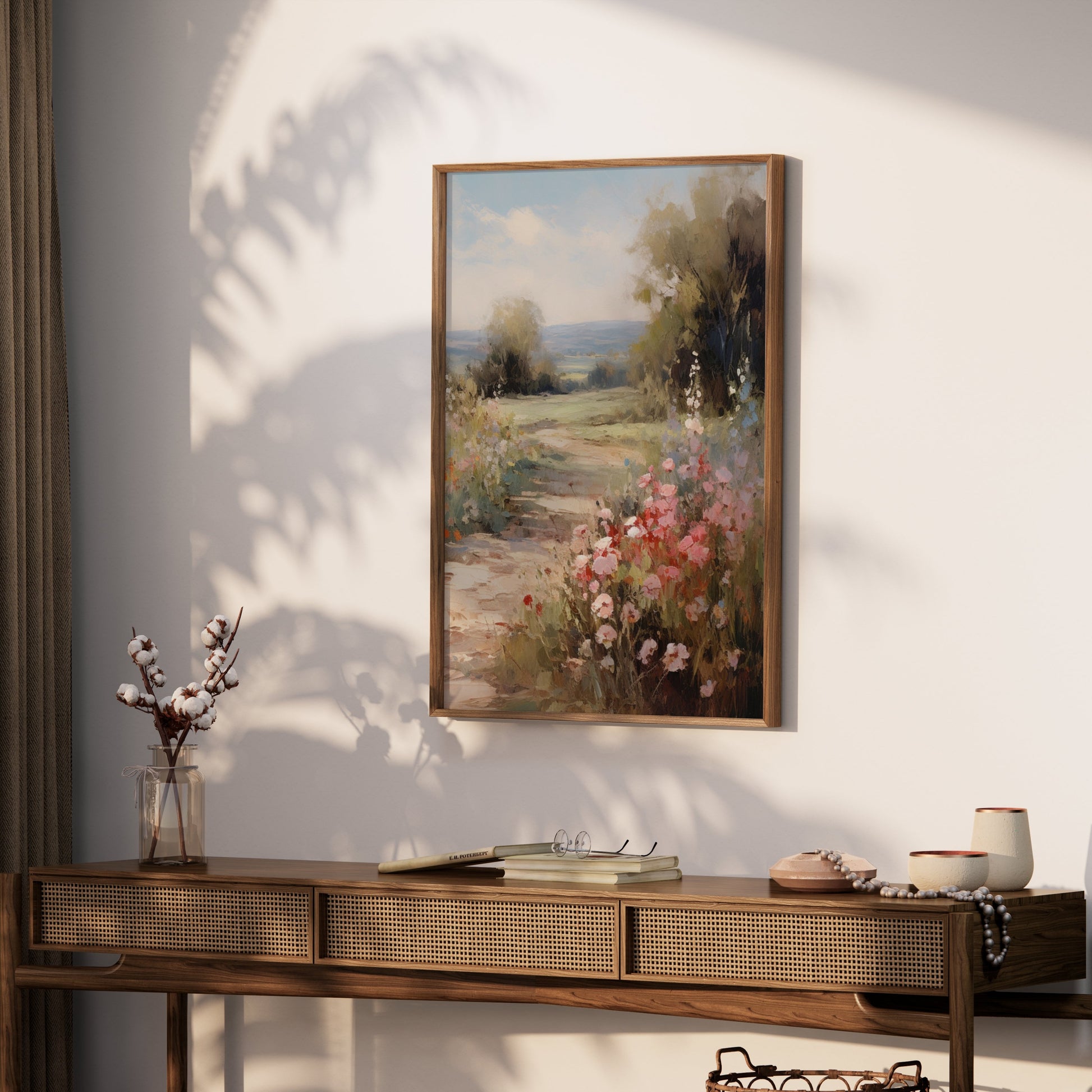 Premium Poster of Beautiful Pastel Summer Landscape with Blooming Flowers Posters
