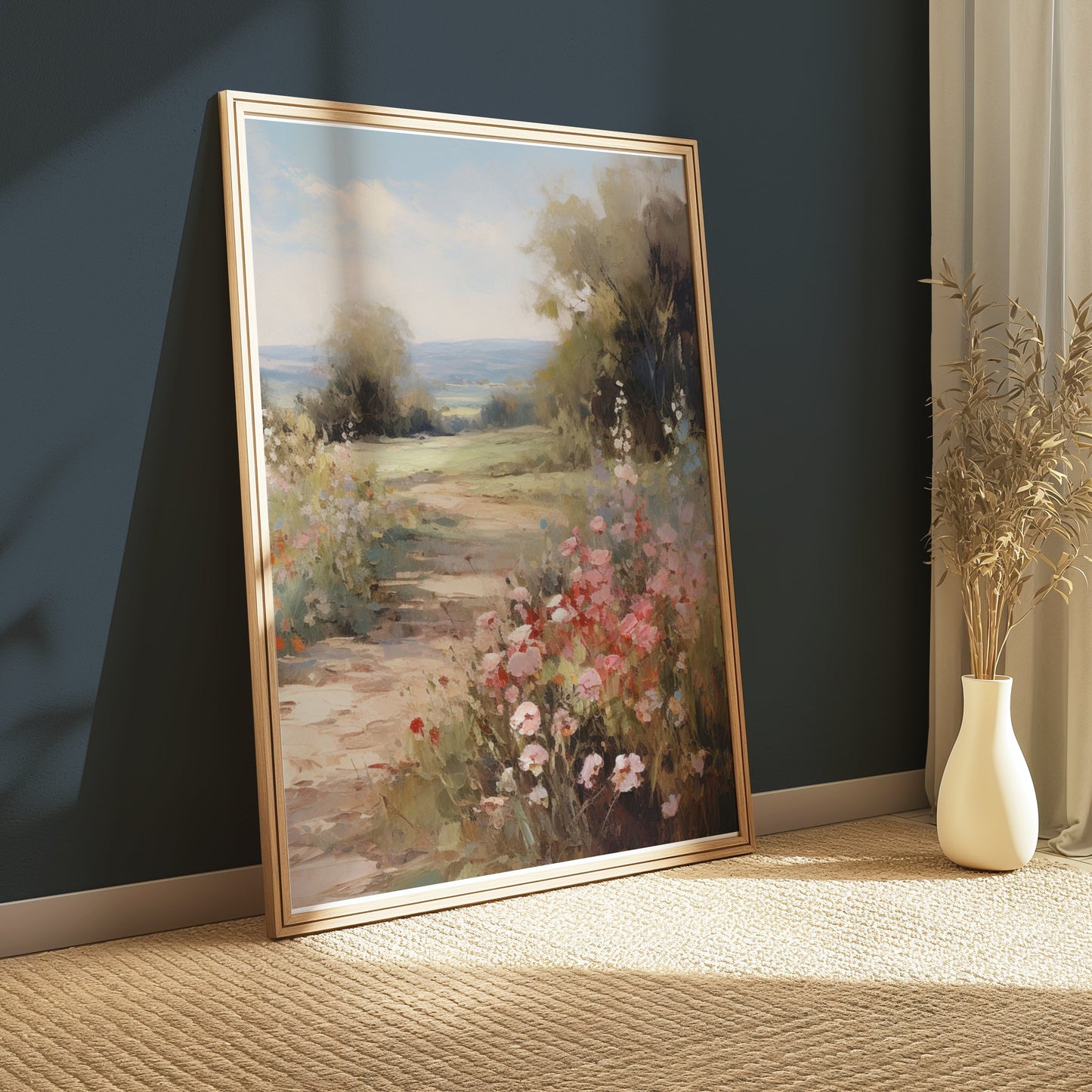 Premium Poster of Beautiful Pastel Summer Landscape with Blooming Flowers Posters
