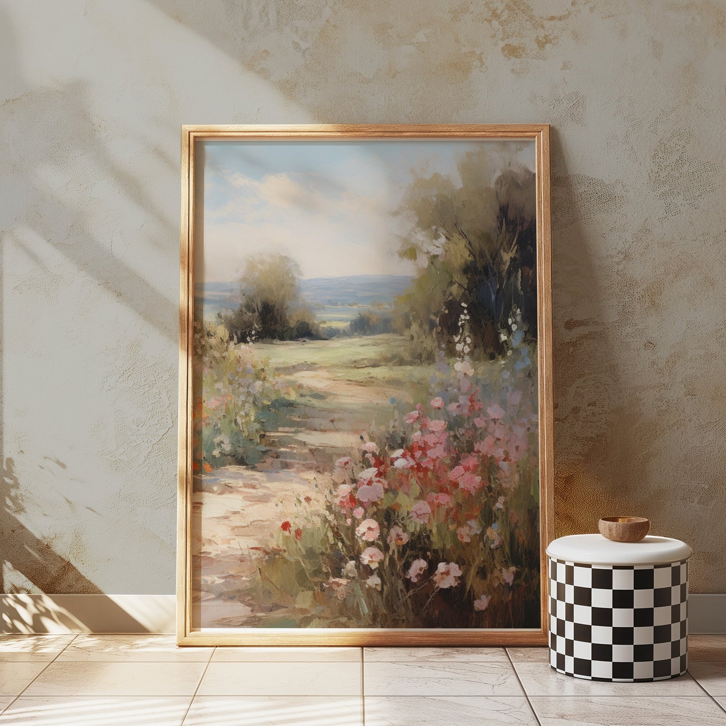 Premium Poster of Beautiful Pastel Summer Landscape with Blooming Flowers Posters