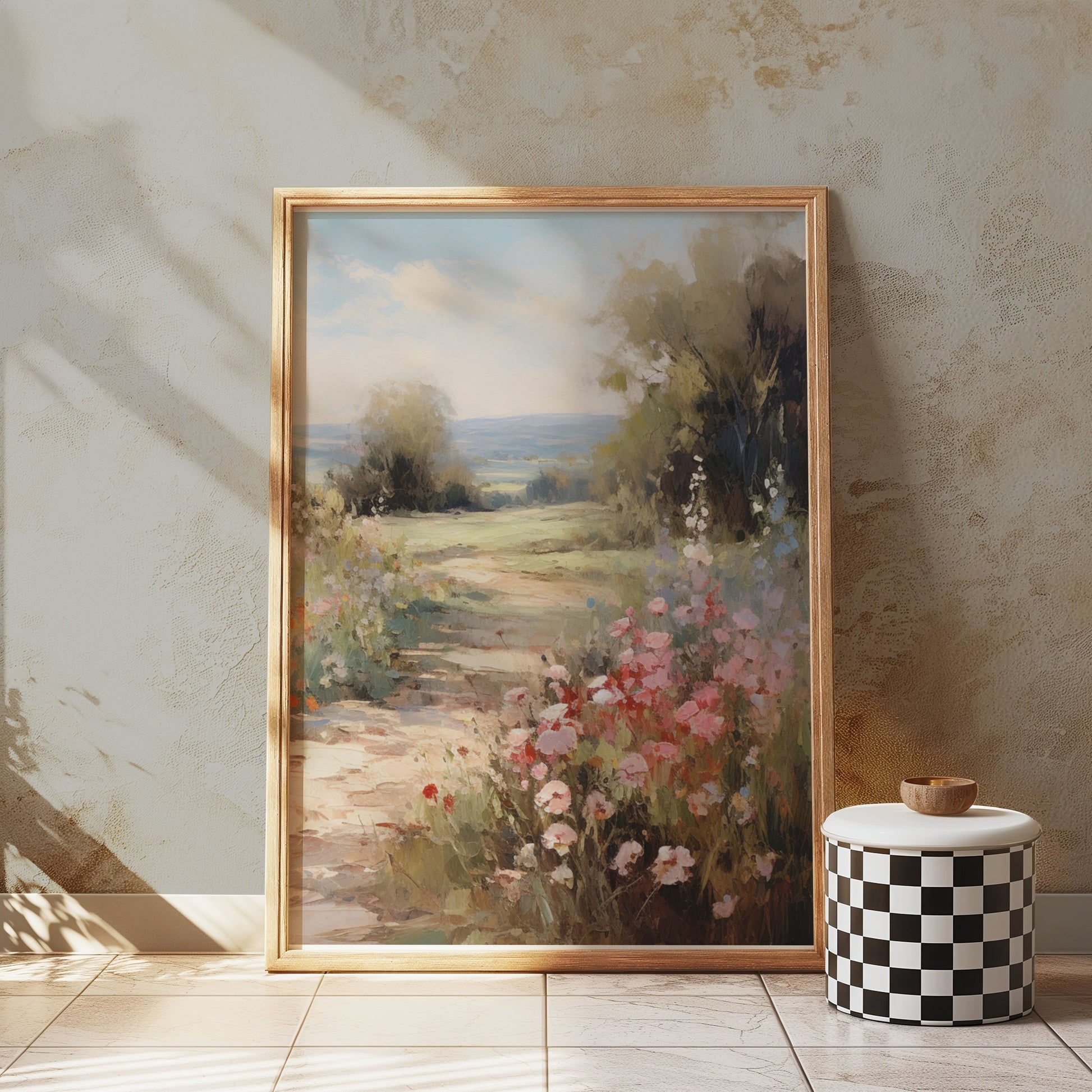 Premium Poster of Beautiful Pastel Summer Landscape with Blooming Flowers Posters