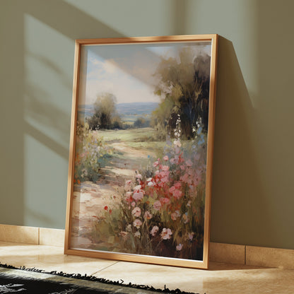 Premium Poster of Beautiful Pastel Summer Landscape with Blooming Flowers Posters