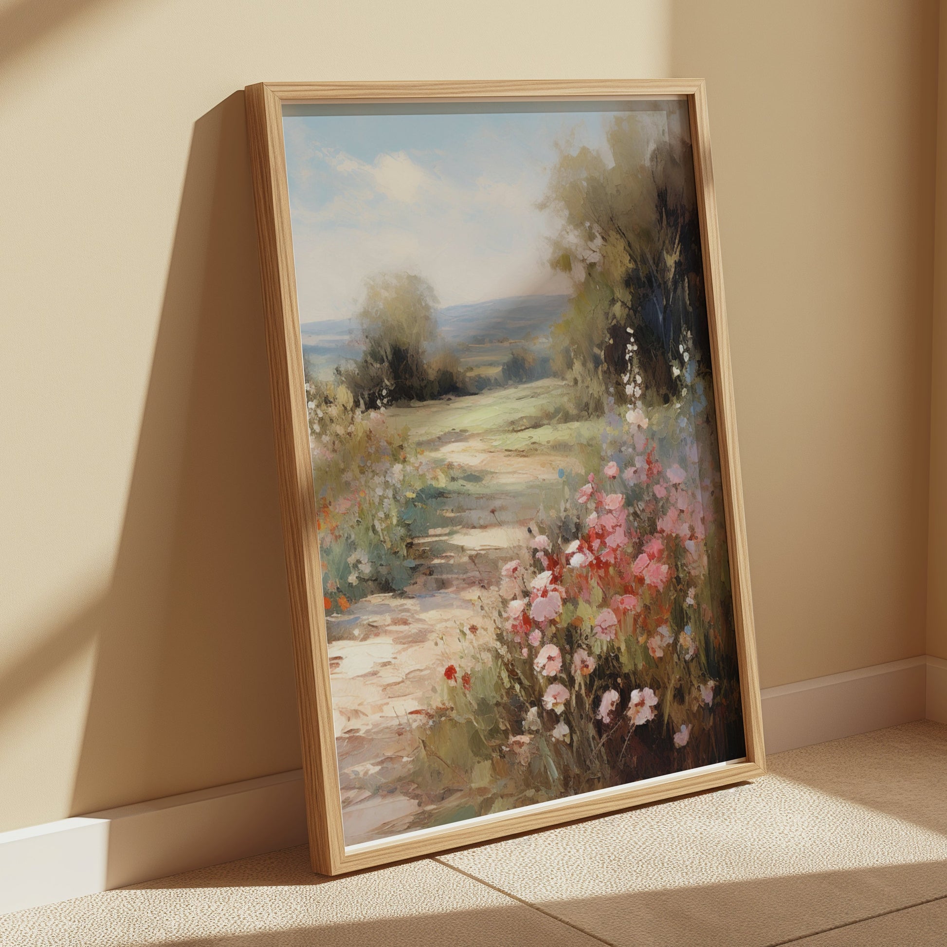 Premium Poster of Beautiful Pastel Summer Landscape with Blooming Flowers Posters
