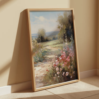 Premium Poster of Beautiful Pastel Summer Landscape with Blooming Flowers Posters