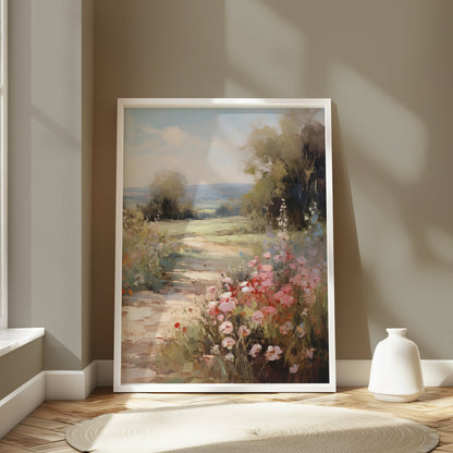 Premium Poster of Beautiful Pastel Summer Landscape with Blooming Flowers Posters